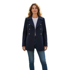 H&M Women Navy Double Breasted Military‎ Style Wool Blend Pea Coat Size 12